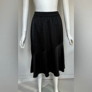 AWARE Womens Black Ruffle Hem Satin Elastic Waist Long A Line Skirt Sz. S NWOT